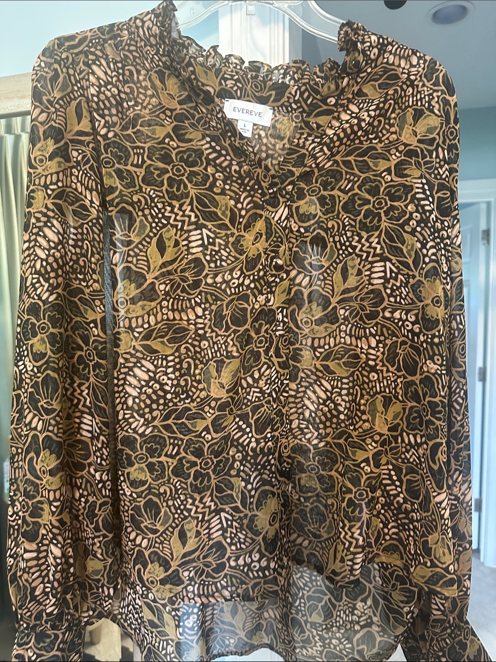 Evereve Black and Olive Floral Ruffle-Neck Blouse